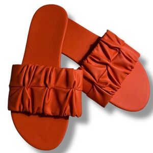 Womens Orange Ruched Slide Sandals Flat Slip On Summer Beach Shoes Sz 7 EU 36
